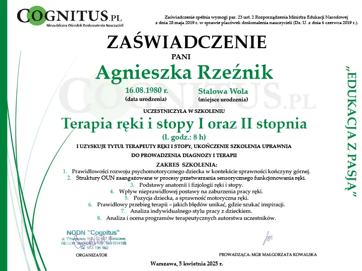 certyfikat Terapia ręki i stopy 1 oraz 2 stopnia Gabinet Lustro Warszawa, Maki Agnieszka Rzeźnik