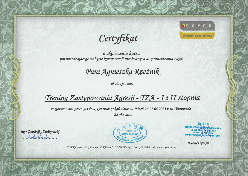 Certyfikat Trening Zastępowania Agresji- TZA I i II stopnia Gabinet Lustro Warszawa, Maki Agnieszka Rzeźnik
